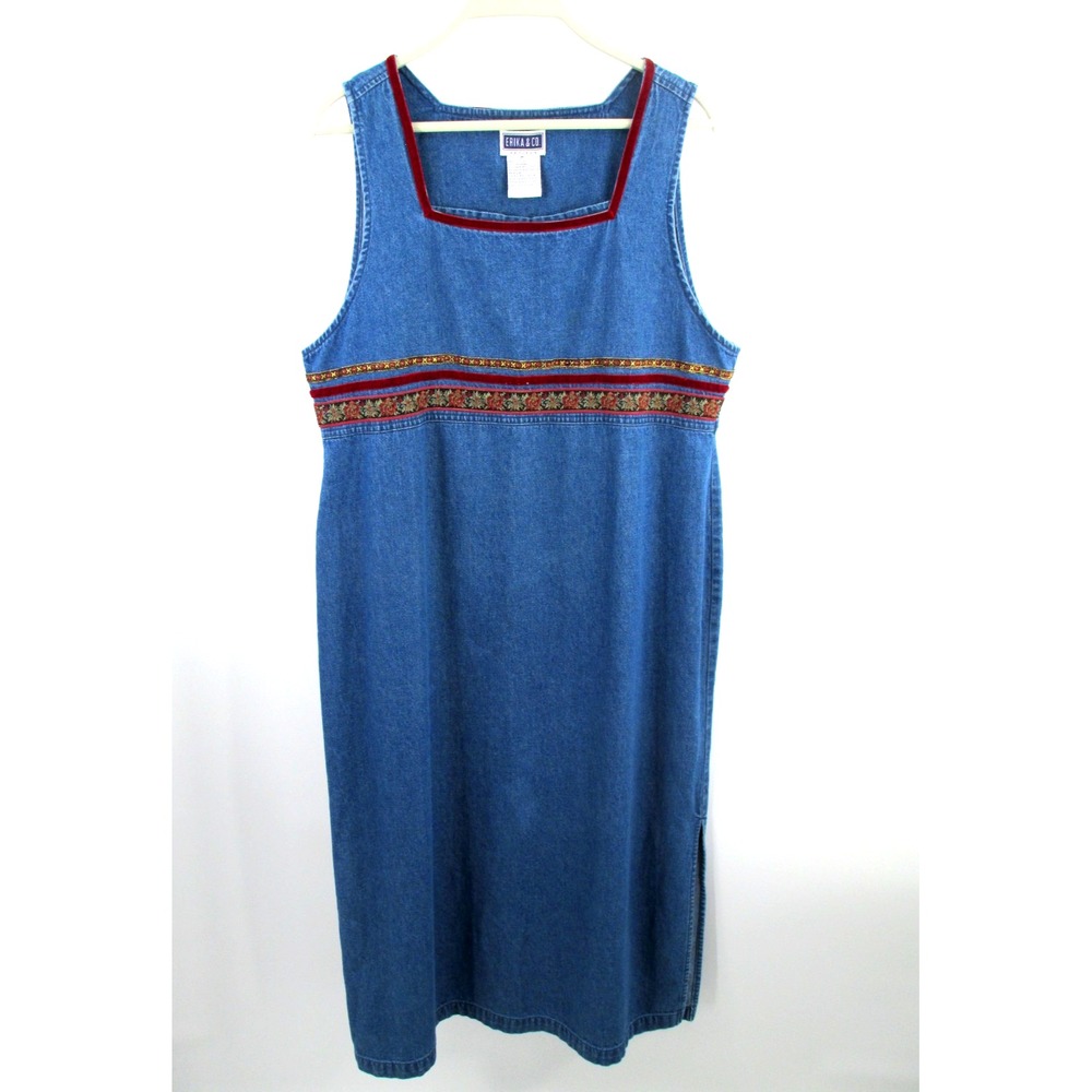 ERIKA & CO Vintage Denim Midi Smock Dress Women L Petite Blue Cottagecore VTG
